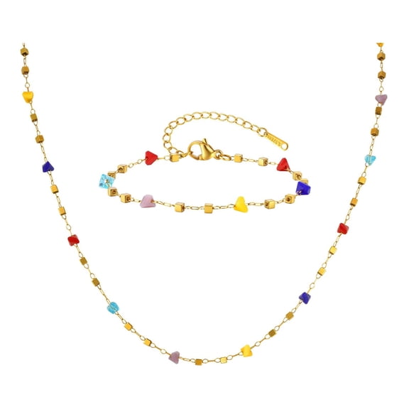 VNOX 2-piece set Gold Necklace/Bracelet for Women Stone Mixed Necklace/Bracelet 18K Gold Plated Handmade Custom Beaded Charm Chain Necklace/Bracelet Stack Jewelry Gifts