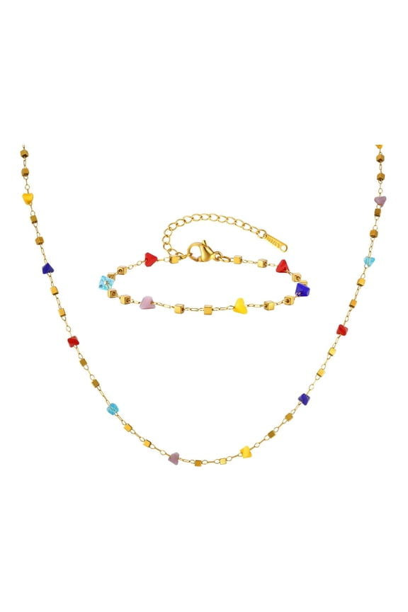 2-piece set Gold Necklace/Bracelet for Women Stone Mixed Necklace/Bracelet 18K Gold Plated Handmade Custom Beaded Charm Chain Necklace/Bracelet Stack Jewelry Gifts