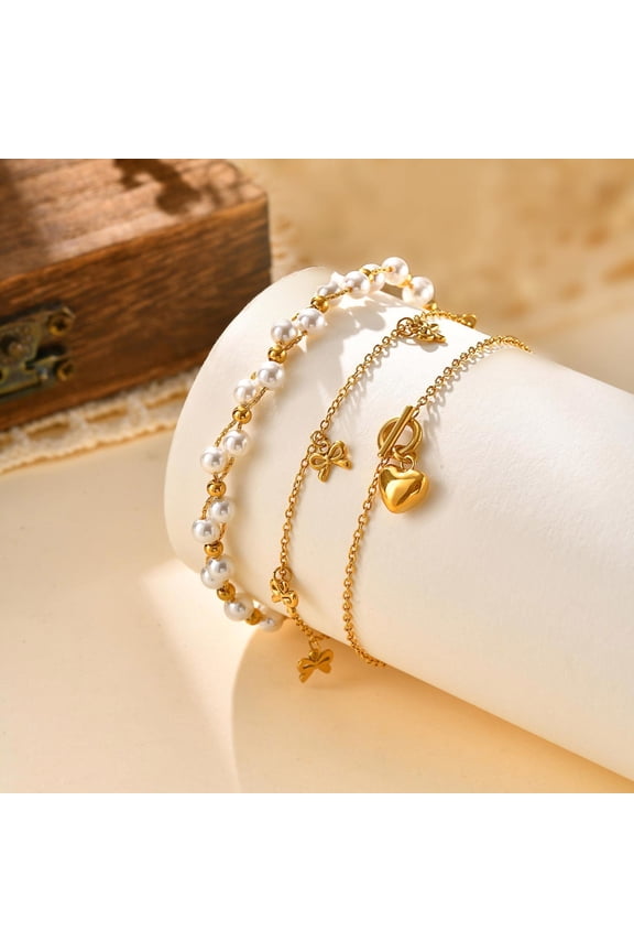 3 Pcs Fashion Chain Bracelet Set with Pearl, Heart, Bow Charms, Gold Layered Link Bracelets, Stackable