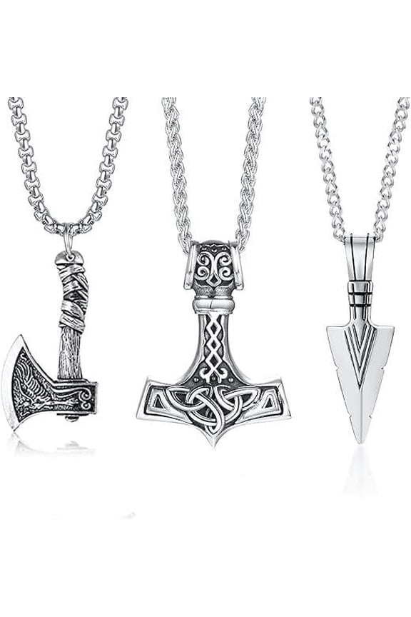 3 Pcs Viking Necklace for Men - Norse Nordic Pendant Amulet Talisman Jewelry Gift for Men Women