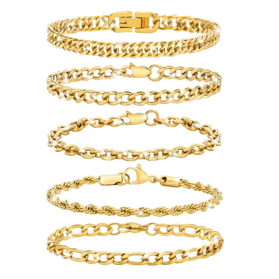 VNOX 5 Pcs Gold Chain Bracelet for Men Women - Sturdy Stainless Steel Curb Width Cuban Link Chain Bracelet Set for Men Women,8.3 Inches