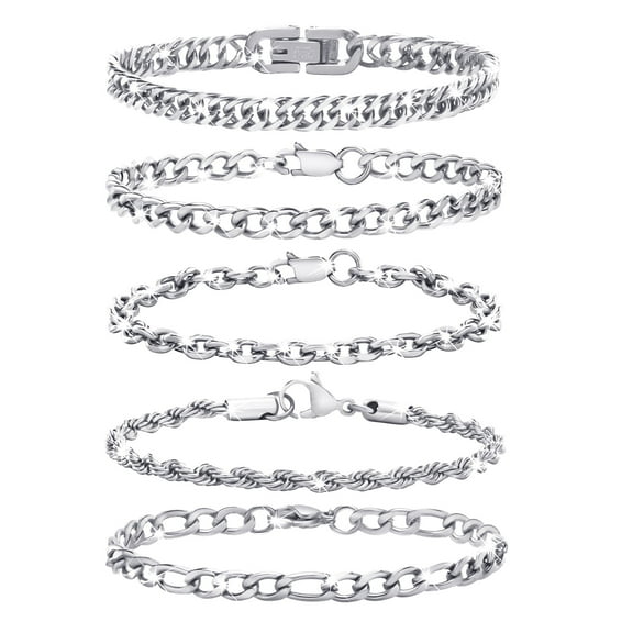 VNOX 5 Pcs Silver Chain Bracelet for Men Women - Sturdy Stainless Steel Curb Width Cuban Link Chain Bracelet Set for Men Women,8.3 Inches