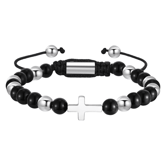 VNOX Beaded Bracelet Men Black Onyx Bracelets for Men Cross Stainless Steel Bracelet with Natural Stone Beads, Adjustable Religious Fashion Jewelry