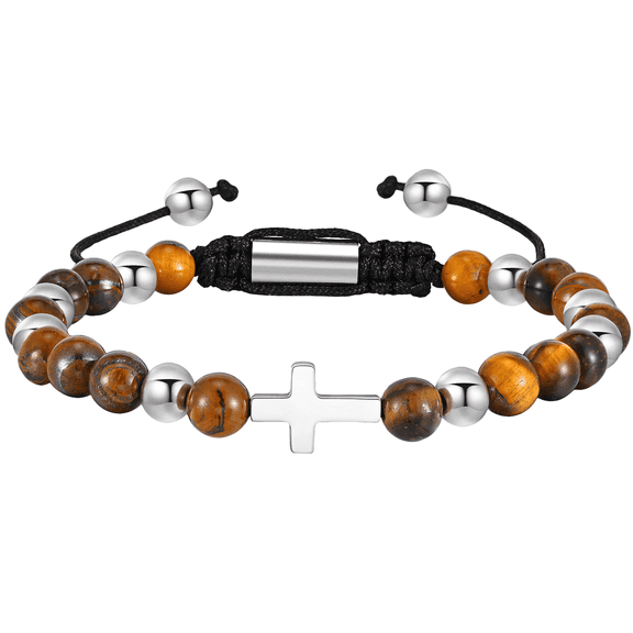VNOX Beaded Bracelet Men Tiger Eye Bracelets for Men Cross Stainless Steel Bracelet with Natural Stone Beads, Adjustable Religious Fashion Jewelry
