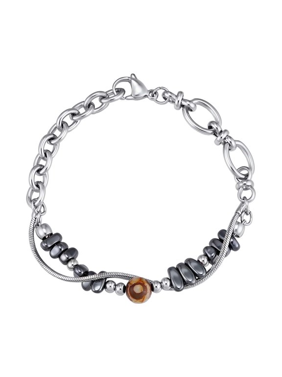 Beaded Hematite Double Layer Bracelet for Men Stainless Steel Silver Special Occasion Jewelry