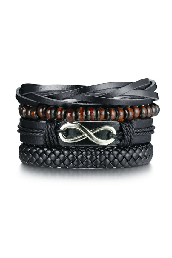 Black Braided PU Leather Infinity Charm Bracelets, 4pcs Set