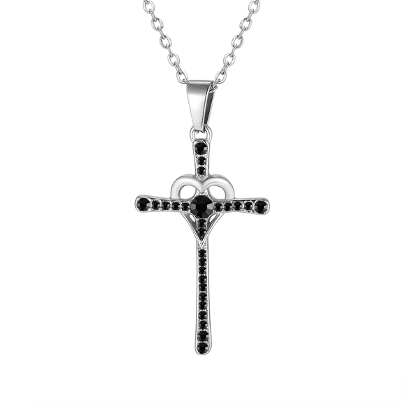 VNOX Black Diamond Religious Cross Heart Pendant Necklace 20" Chain in Stainless Steel Gift for Women