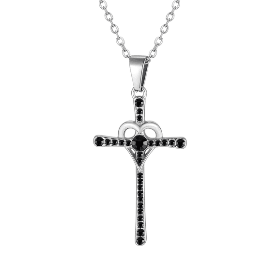 VNOX Black Diamond Religious Cross Heart Pendant Necklace 20" Chain in Stainless Steel Gift for Women