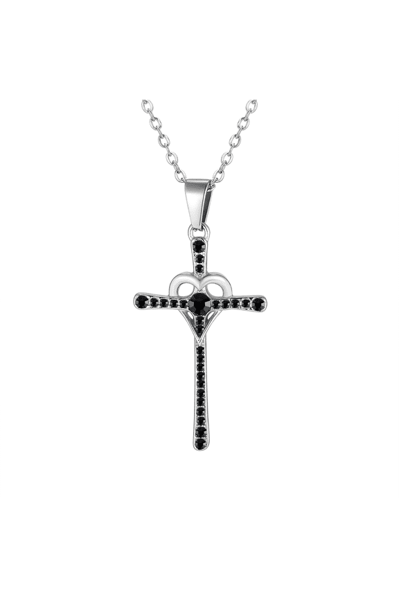 Black Diamond Religious Cross Heart Pendant Necklace 20" Chain in Stainless Steel Gift for Women