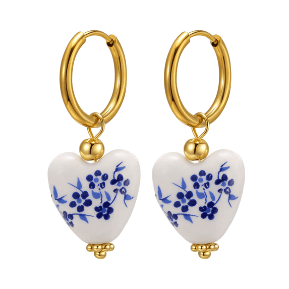 VNOX Blue and White Porcelain Chinese Style Earrings Stainless steel gold Earrings Blue white porcelain heart-shaped earrings Small Hoop Earrings