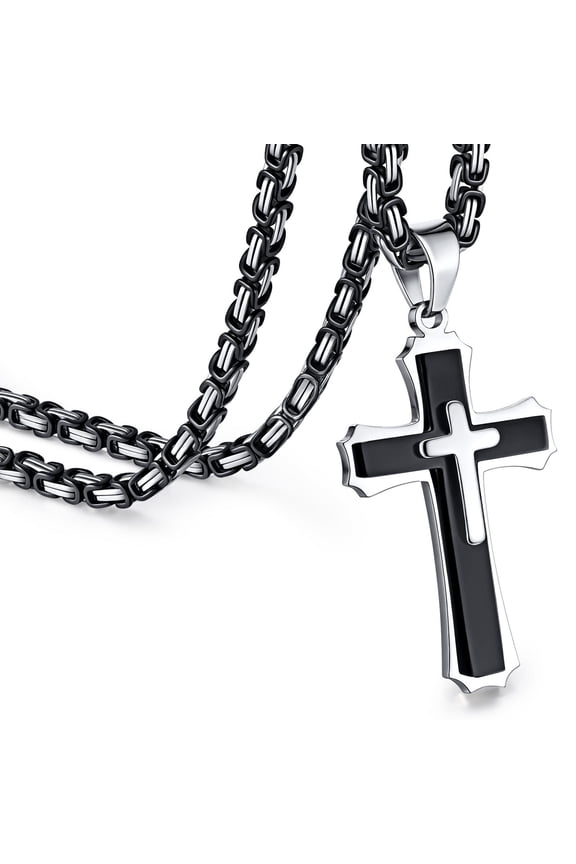 Byzantine Cross Necklace for Men, Black Silver Stainless Steel Cross Chain Pendant Necklace Masculine Chunky Sturdy Mens Christian Jewelry Gift 24 Inch