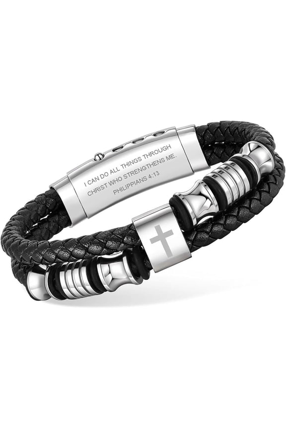 Christian Leather Bracelet for Men - Double-Row Braided Leather Faith Cross Bracelets Bangle Religious Baptism Inspirational Bible Verse Jewelry Gift for Young Men Teenage, Adjustable Wristband