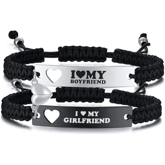 VNOX Couple Bracelets Set for Him & Her, Matching "I Love My Boyfriend/Girlfriend" Heart Couples Bracelets, Adjustable Handmade Rope Relationship Jewelry Gift for Couples