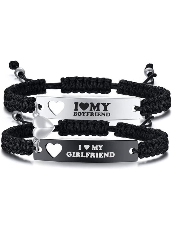 Couple Bracelets Set for Him & Her, Matching "I Love My Boyfriend/Girlfriend" Heart Couples Bracelets, Adjustable Handmade Rope Relationship Jewelry Gift for Couples
