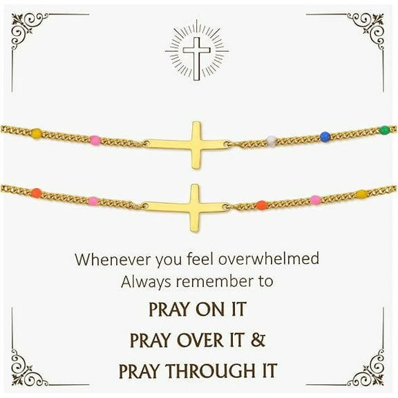 VNOX Cross Bracelet for Women - 14k Gold Plated 2PCS Cross Bracelet Set,Dainty Non Tarnish Golden Christian Prayer Jewelry,Inspirational Religious Confirmation Baptism Faith Gift for Sister Friend