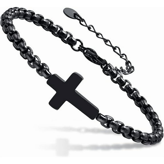 VNOX Cross Chain Bracelets for Men Women, Silver/Black Stainless Steel Cross Charms Men's Bracelet, Faith Religious Easterholic Christian God Jesus Communion Baptism Jewelry Gift Mens Link Bracelet