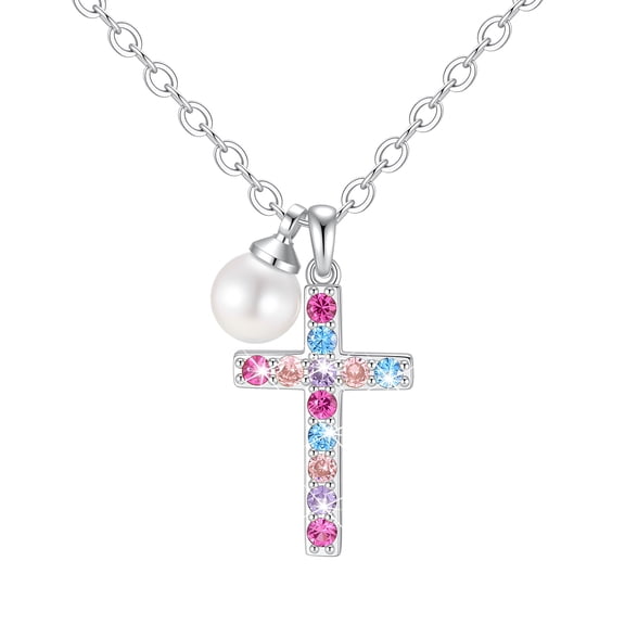 VNOX Cross Necklace for Women with Inspirational Card, Silver Tone Rainbow Cubic Zirconia Cross Pendant Necklace with Pearl Charm, Religious Faith Jewelry Gifts for Her