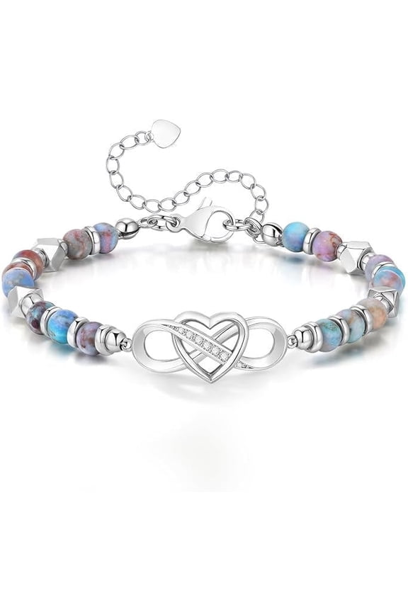 Gold Beaded Bracelet for Women - 14K Gold Plated Infinity Love Heart Bracelet, Natural Stone Adjustable Link Bracelets, Trendy Anniversary Birthday Jewelry Gift for Mom, Lover, Friend