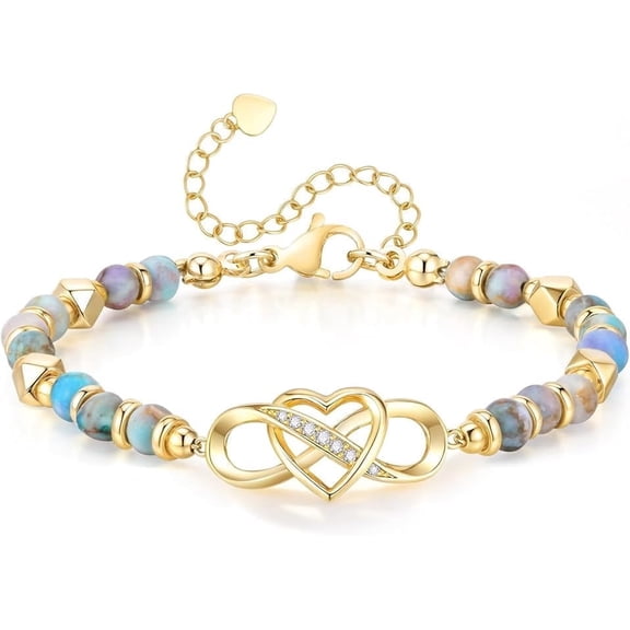 VNOX Gold Beaded Bracelet for Women - 14K Gold Plated Infinity Love Heart Bracelet, Natural Stone Adjustable Link Bracelets, Trendy Anniversary Birthday Jewelry Gift for Mom, Lover, Friend
