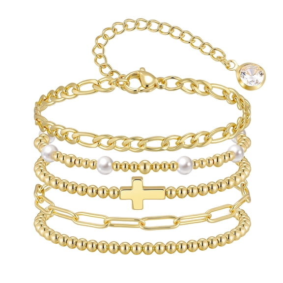VNOX Gold Beaded Bracelets for Women, 5 Pcs Dainty 14K Gold Plated Chunky Stretch Bead Ball Bracelet Stack
