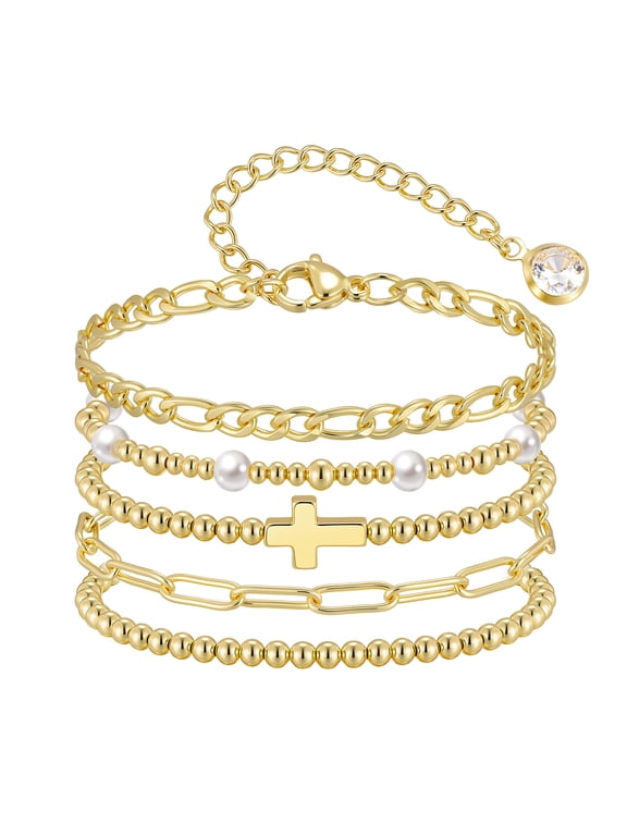 Gold Beaded Bracelets for Women, 5 Pcs Dainty 14K Gold Plated Chunky Stretch Bead Ball Bracelet Stack