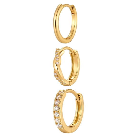 VNOX Gold Brass Hoop Earrings 3 Pair Set with Smooth, CZ, and Twist Designs for Birthday Gift