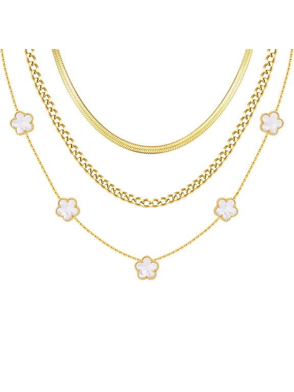 Gold Layered Necklace for Women - 3Pcs 18K Gold Plated Floral Necklaces, Stainless Steel Stackable Cuban Link Chain Non Tarnish Trendy Jewelry, Herringbone Chains Christmas Birthday Gift