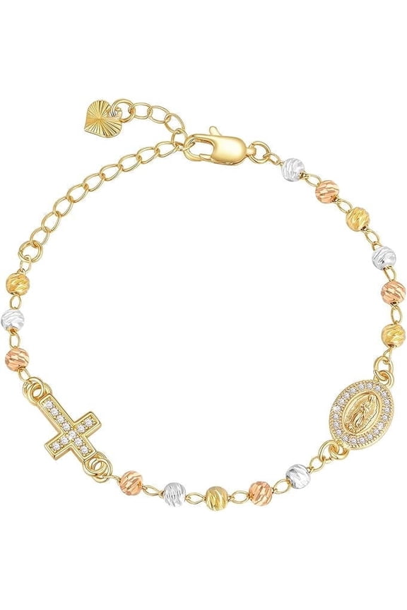 Gold Rosary Bead Cross Bracelet - 14k Gold Plated Virgin Mary Bracelets,Non Tarnish Golden Religious Rosariosolicos Virgen de Guadalupe Jewelry,Catholic Confirmation Baptism Gifts for Women