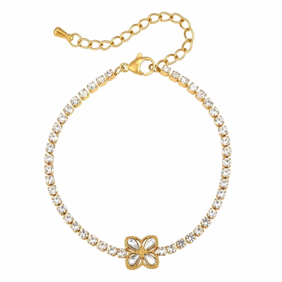 VNOX Gold Stainless Steel Clover Flower Tennis Bracelet for Women, Sparkling Crystal Gift Jewelry