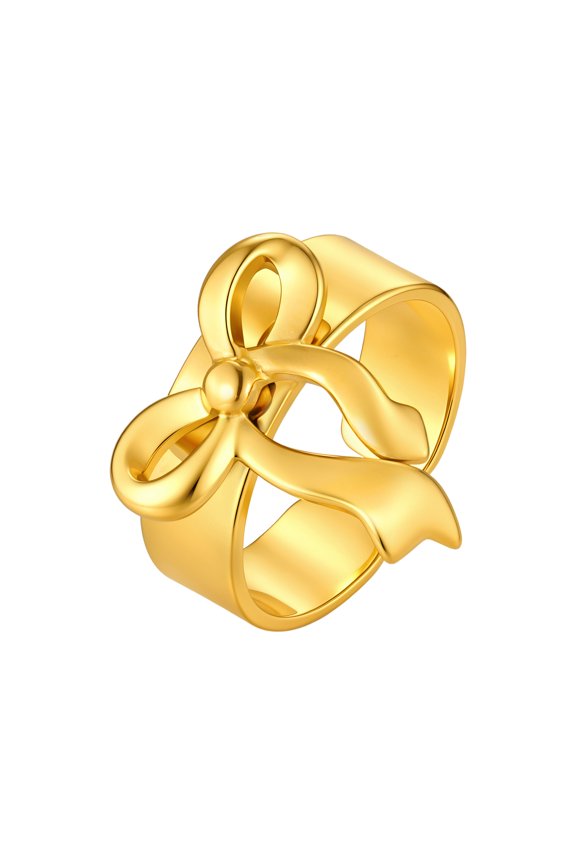 Gold Stainless Steel Open Bow Ring, Wide Band Ribbon Statement Ring for Birthday Gift