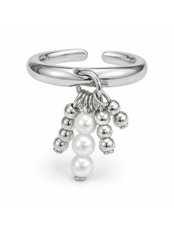 Gold Tone Brass Faux Pearl Beaded Tassel Open Ring for Women, Birthday Gift Jewelry