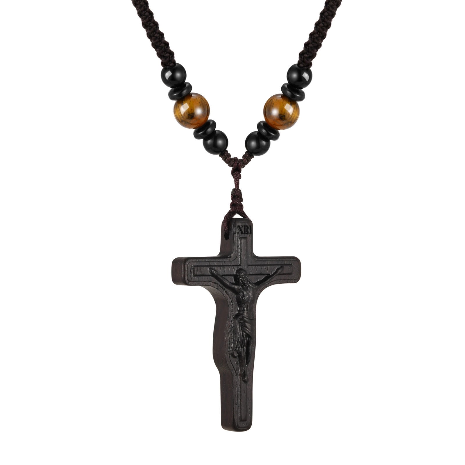 VNOX Handmade Wooden Crucifix Cross Necklace with Jesus Natural