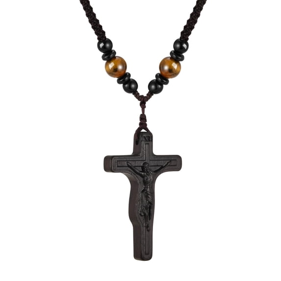 VNOX Handmade Wooden Crucifix Cross Necklace with Jesus - Natural Ebony Wood Braided Cord Cross Necklace for Men Women Religious Jewelry,Catholic Gift for Baptism Confirmation Easter