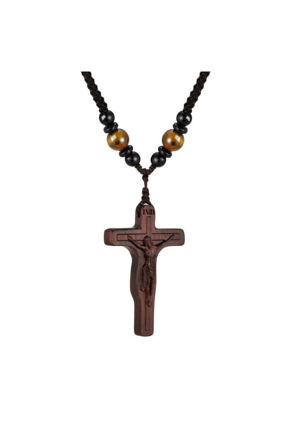 Handmade Wooden Crucifix Cross Necklace with Jesus - Natural Ebony Wood Braided Cord Cross Necklace for Men Women Religious Jewelry,Catholic Gift for Baptism Confirmation Easter
