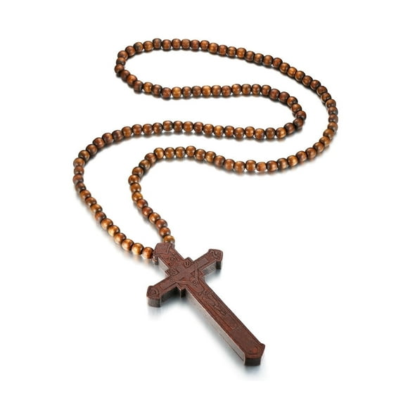 VNOX Large Wooded Cross Necklace Big Beaded Religious Christianholic Crucifix Rosary Cross Necklace Costume Accessories for Women