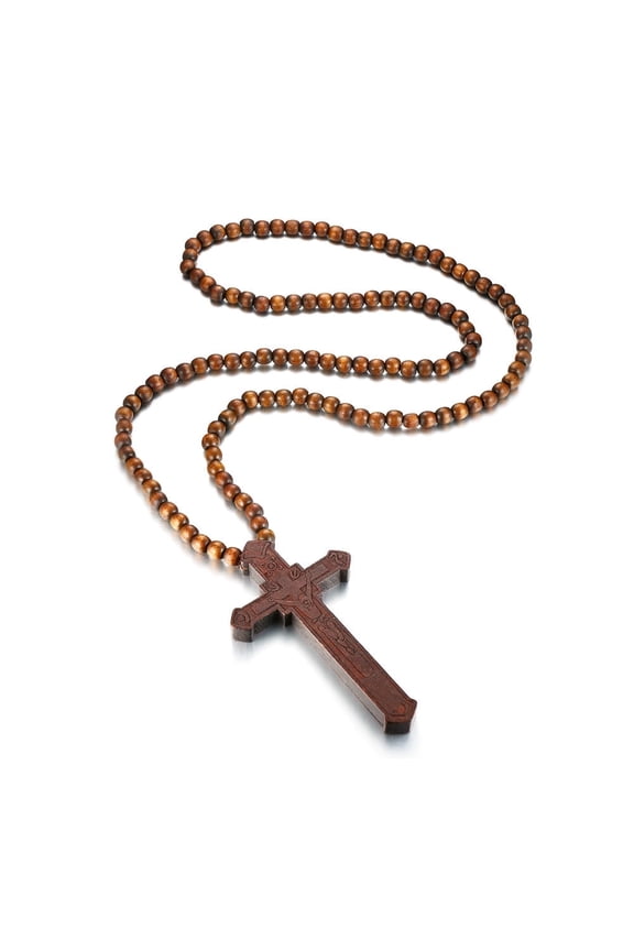Large Wooded Cross Necklace Big Beaded Religious Christianholic Crucifix Rosary Cross Necklace Costume Accessories for Women