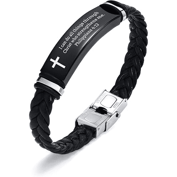 VNOX Leather Bracelet Sobriety Gifts for Men : Inspirational Quote/Bible Verse Engraved Braided Black Mens Bracelet for Him, Customized Religious Christian Gift Jewelry for Son/Dad/Boyfriend/Husband