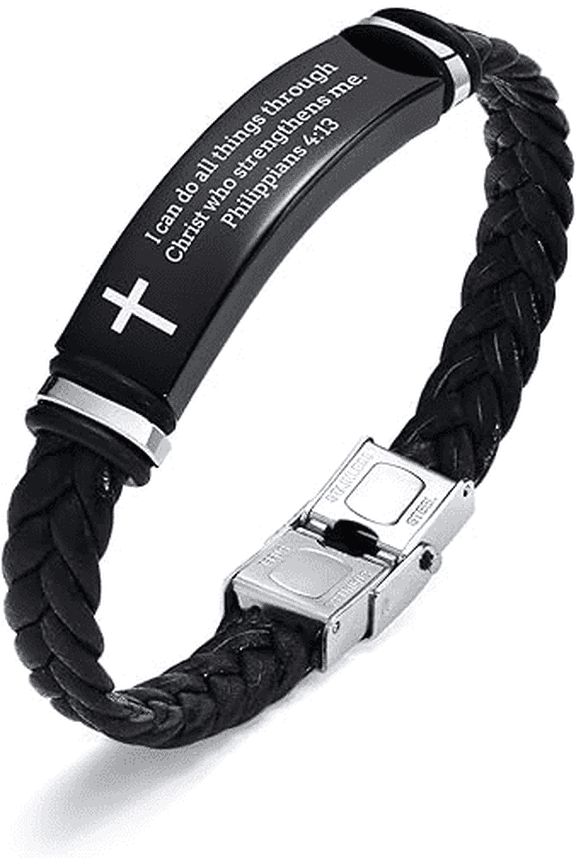 Leather Bracelet Sobriety Gifts for Men : Inspirational Quote/Bible Verse Engraved Braided Black Mens Bracelet for Him, Customized Religious Christian Gift Jewelry for Son/Dad/Boyfriend/Husband