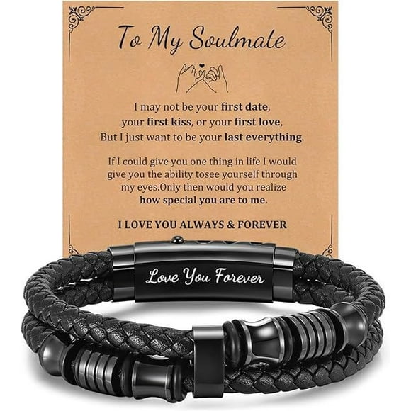 Leather Bracelets Mens Gifts Jewellery - To My Soulmate Bracelet Handsome Premium Leather Black Stainless Steel Magnetic Clasp Cuff Bangle for Valentine'S Day Graduation for Boyfriend