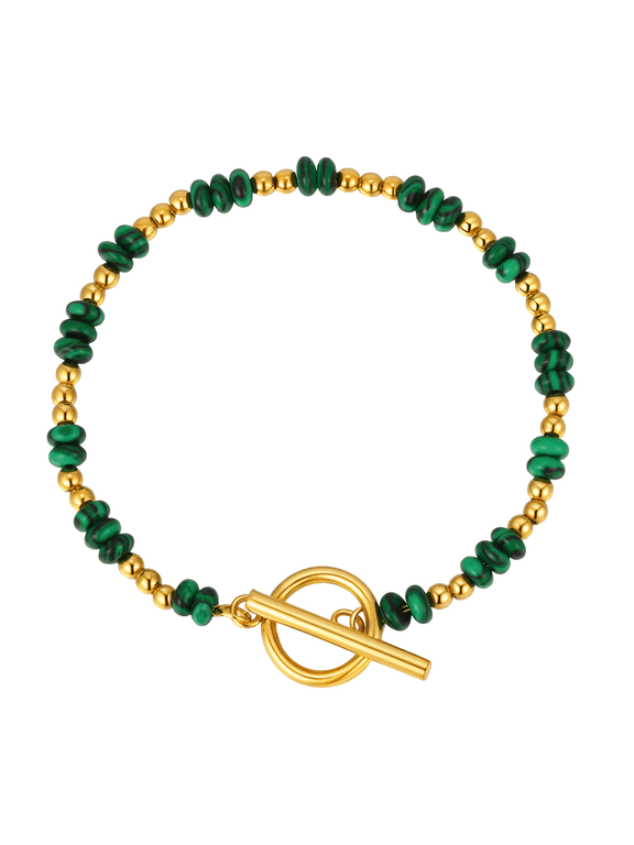 Malachite Beaded Toggle Bracelet for Women – Stainless Steel Natural Gemstone Jewelry, Minimalist Dainty Beaded Bracelet with OT Clasp, Perfect Gift for Her