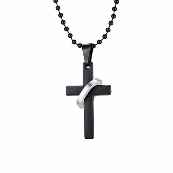 VNOX Men's Black Stainless Steel Cross Ring Pendant Necklace, 27.6 Inch Chain, Gift for Anniversary