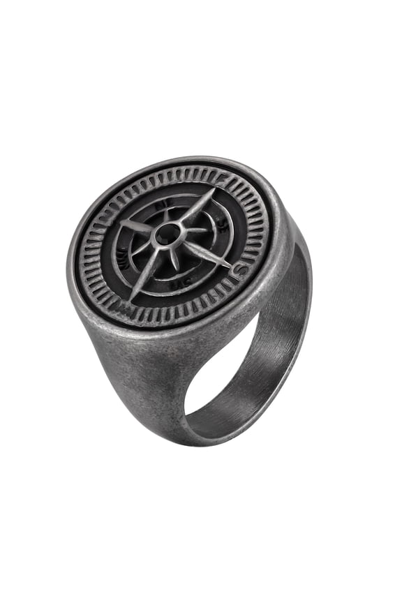 Men's Size 8 Stainless Steel Compass Signet Ring, Antique Tone Punk Vintage Jewelry Gift