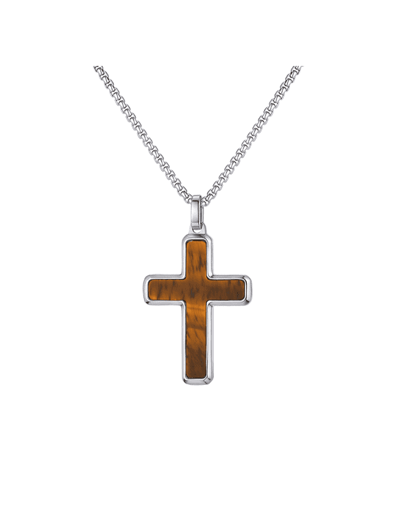 Men's Tiger Eye Stone Cross Pendant Necklace - Premium Stainless Steel Tiger Eye Stone Cross Necklace, Polished Steel Tone Chain