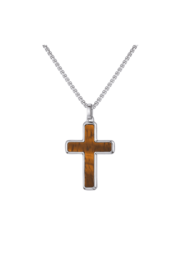 Men's Tiger Eye Stone Cross Pendant Necklace - Premium Stainless Steel Tiger Eye Stone Cross Necklace, Polished Steel Tone Chain