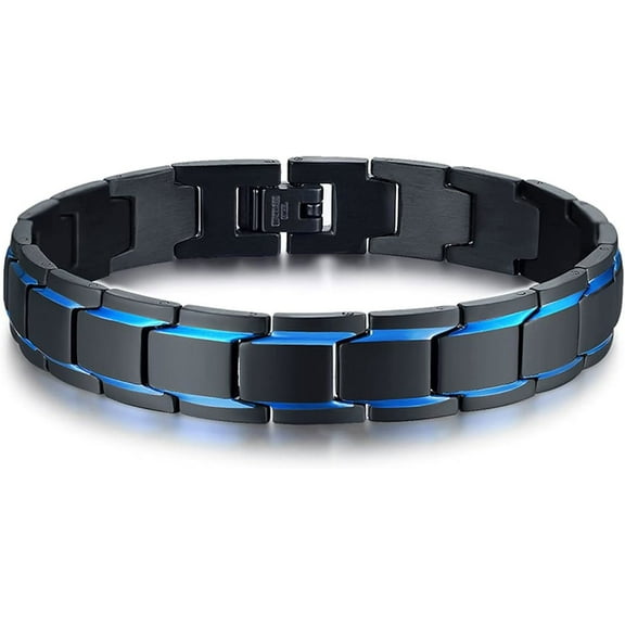 VNOX Men's Two-Tone Black & Blue Stainless Steel Link Bracelet - Elegant Square Chain Wristband, Adjustable Personalized Jewelry Gift for Dad