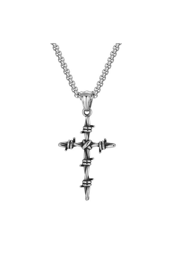 Men's Vintage Silver Nail Cross Punk Gothic Stainless Steel Barbed Wire Pendant Necklacee 22+2 Inch