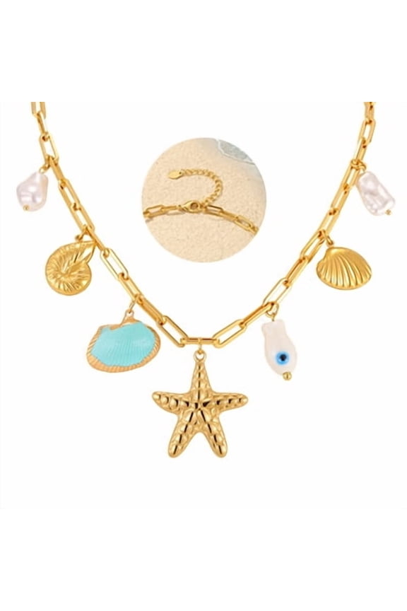 Ocean Theme Charm Necklace for Women 18K Gold Plated Stainless Steel Starfish Conch Seashell Pearl Fish Beach Jewelry Summer Vacation Gift