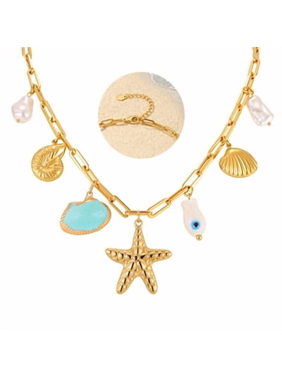 Ocean Theme Charm Necklace for Women 18K Gold Plated Stainless Steel Starfish Conch Seashell Pearl Fish Beach Jewelry Summer Vacation Gift