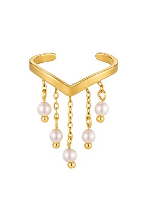 Open Ring for Women, Gold V Shape Faux Pearl Tassel Statement Jewelry for Daily Parties Fau Pearl Tassel