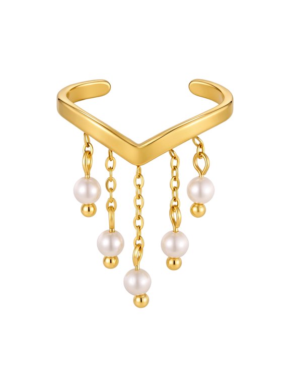Open Ring for Women, Gold V Shape Faux Pearl Tassel Statement Jewelry for Daily Parties Fau Pearl Tassel
